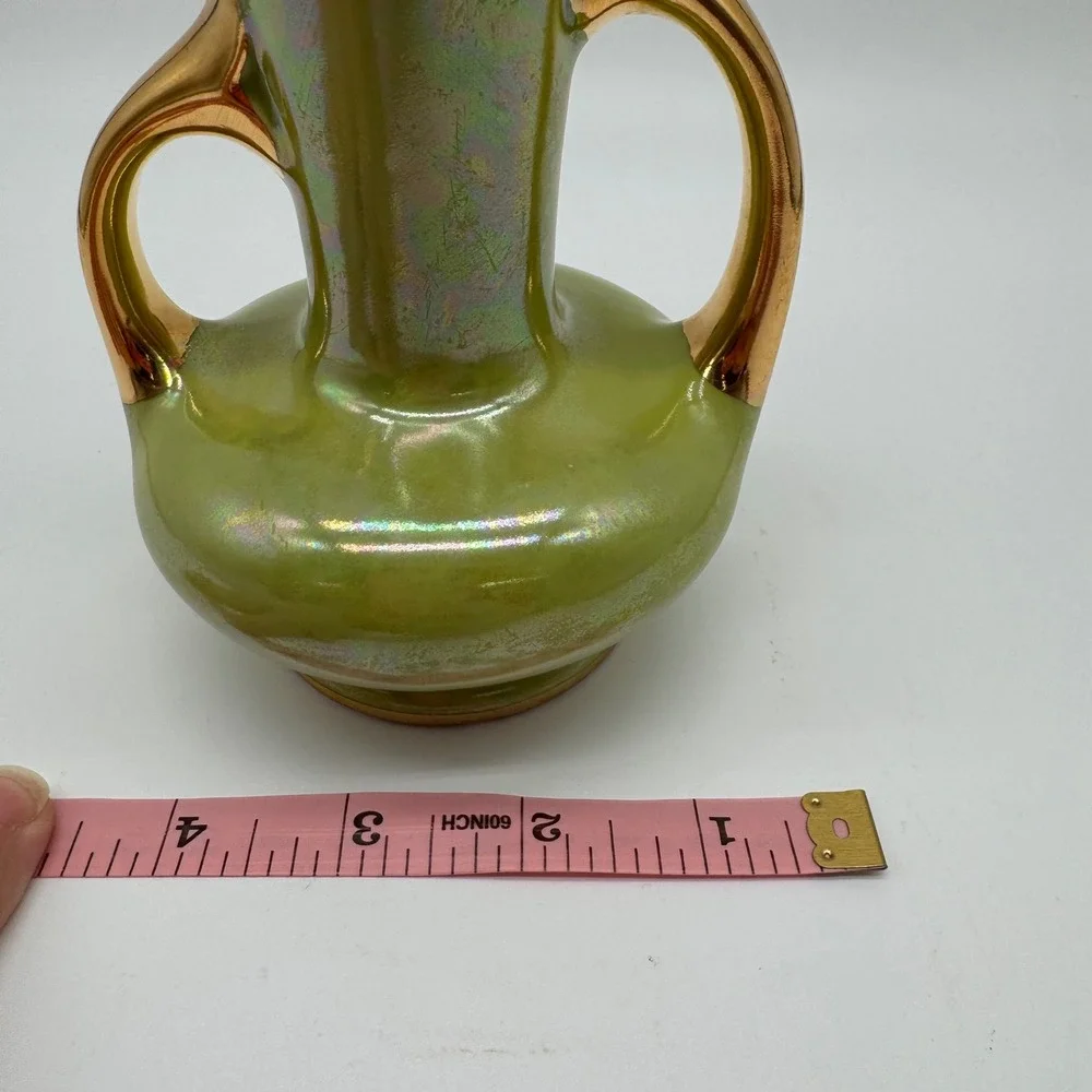 Vintage Pearl China Co Iridescent Green Lustre Vase 22k Gold USA 6x4.5